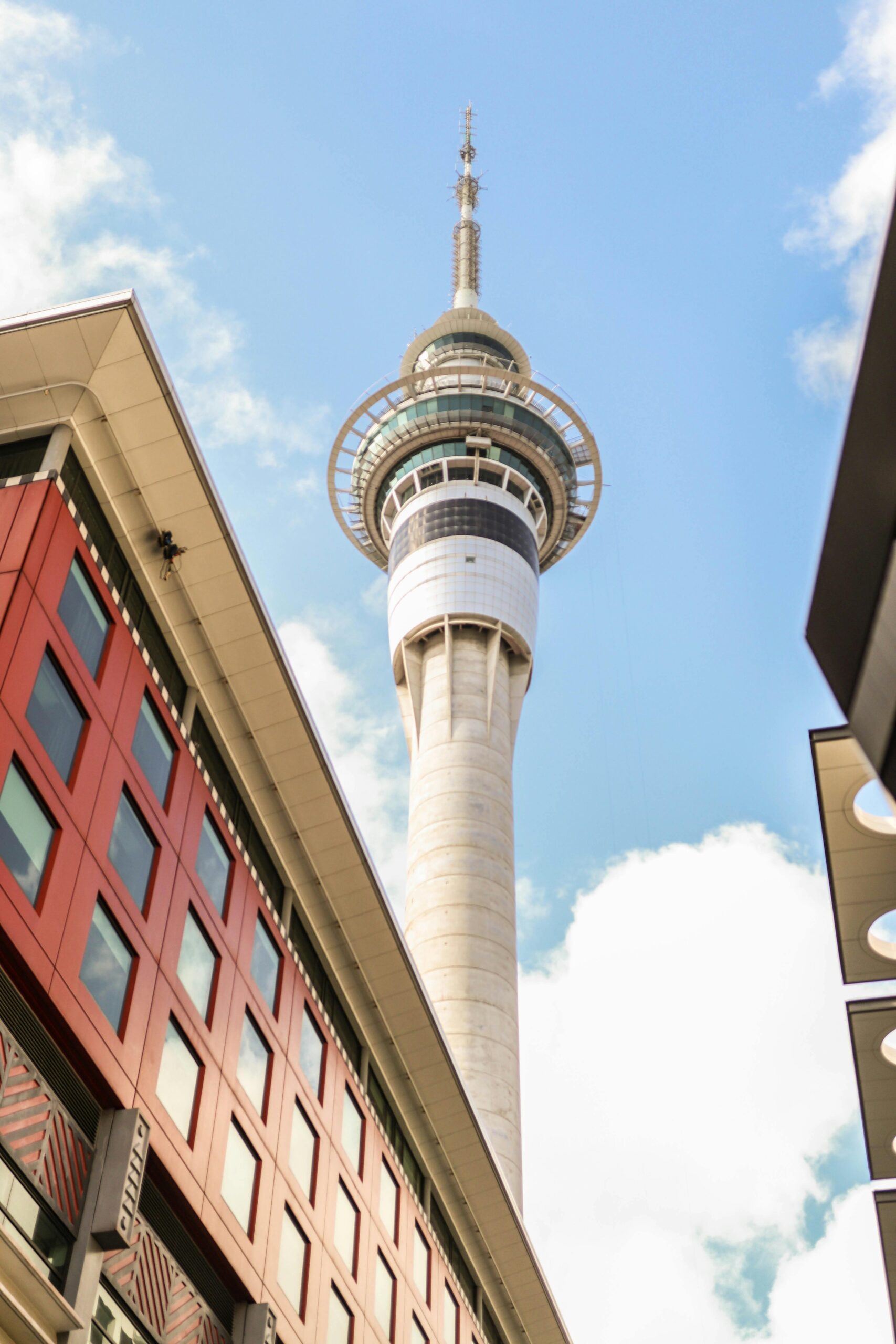 A stunning view of Auckland's Sky Tower reaching into a bright blue sky, capturing urban architectural beauty.